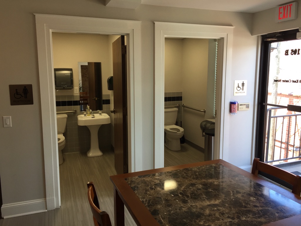 Accessible restrooms located throughout building